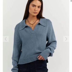 Dissh NWT Colbie Steel Blue Knit Jumper Cotton/Wool Blend Notch Neck Sweater